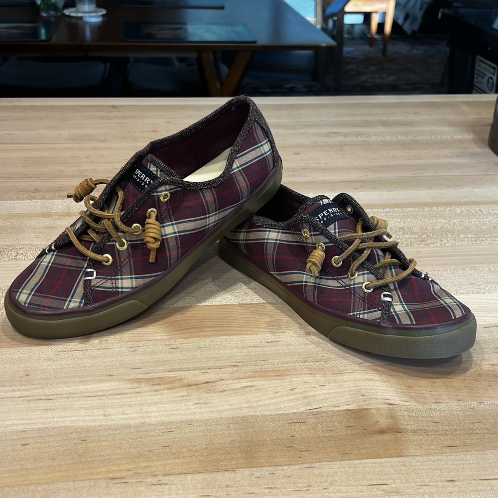 Sperry Top Sider Purple Pink Plaid Leather-Lace Shoes, Women's Size 8.5